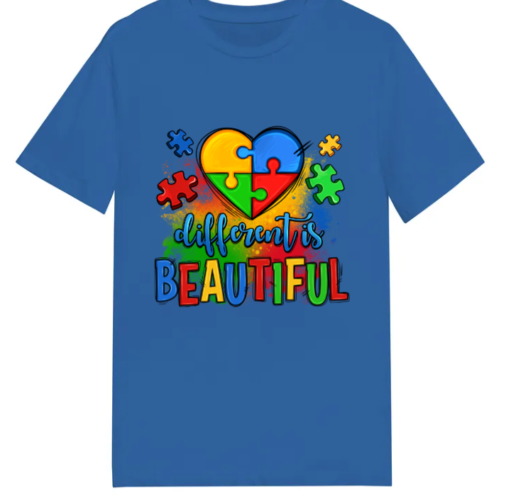 Adult unisex Tshirt - #13 Autism Heart - Different is Beautiful