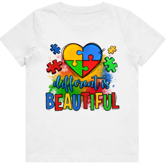 Adult unisex Tshirt - #13 Autism Heart - Different is Beautiful